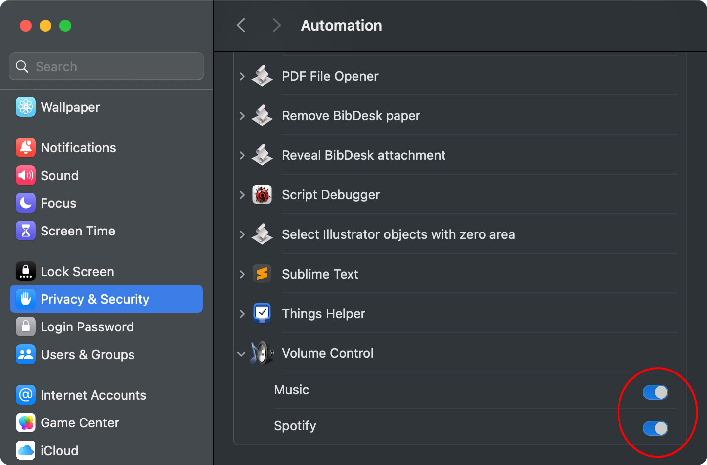 Screenshot of Automation Permissions