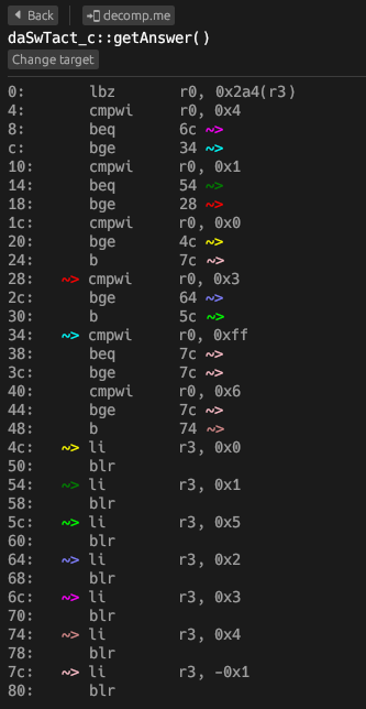 A comparison tree switch in objdiff