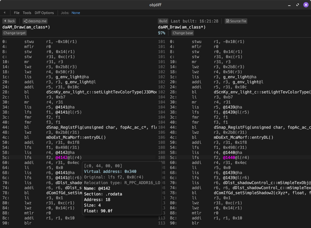 Hovering over a data relocation in the function diff view in objdiff