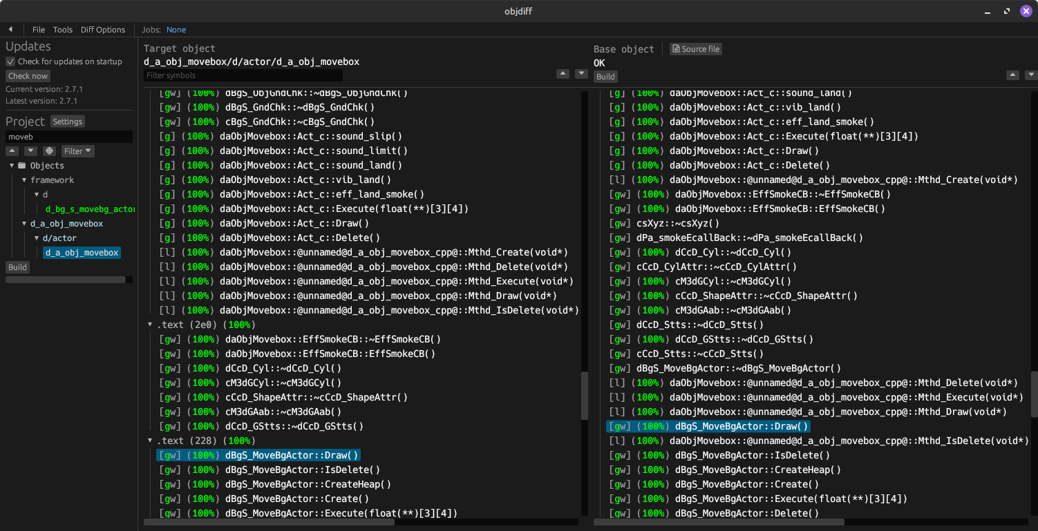 objdiff showing weak functions that are out of order