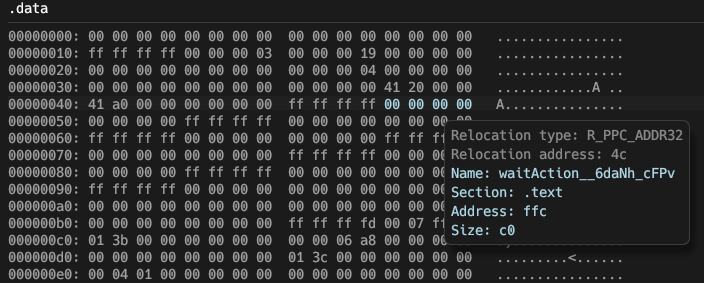 Hovering over a data relocation in the data diff view in objdiff